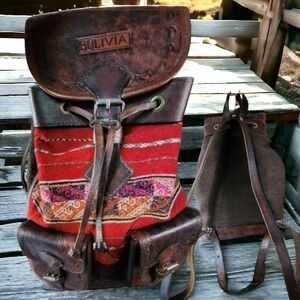 BOLIVIA GENUINE LEATHER Rainbow Woven BOHO Textile BackPack